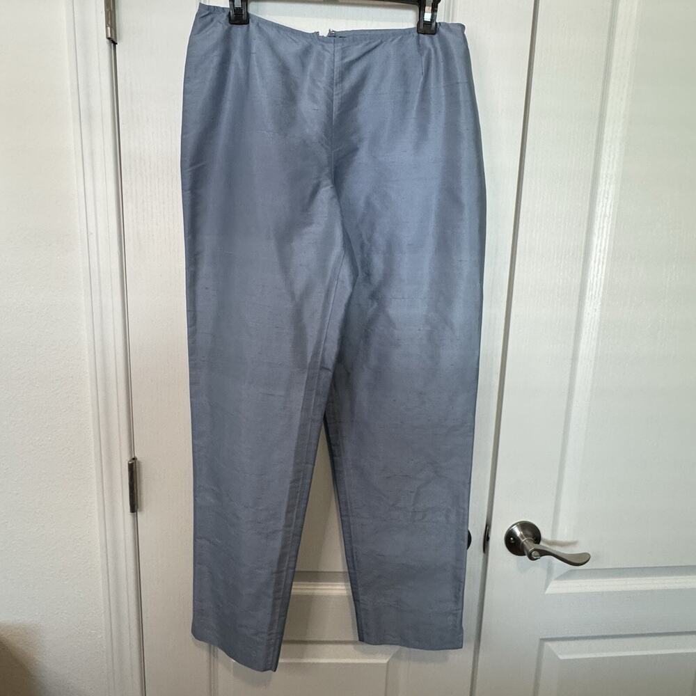 Lafayette 148 New York Sz 8 Silk Textured Pants Cropped Slits Classy Steel Blue